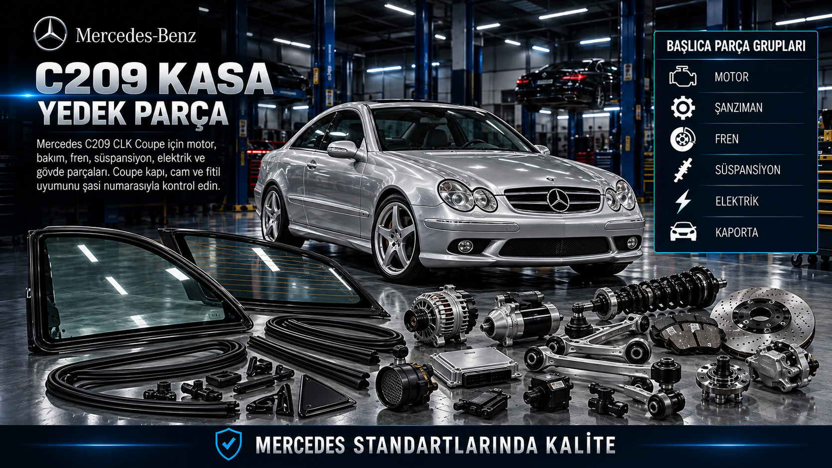 Mercedes C209 CLK Coupe için motor, fren, süspansiyon, kapı camı ve fitil parçaları