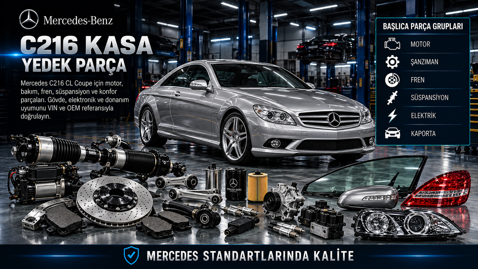 Mercedes C216 CL Coupe için motor, fren, süspansiyon, kapı camı ve konfor parçaları