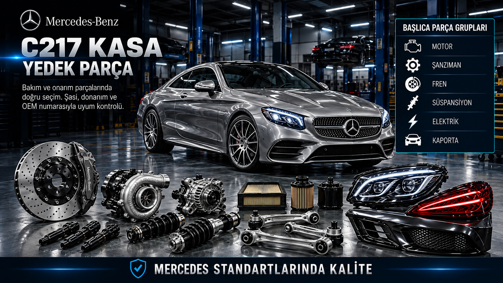 Mercedes C217 S Serisi Coupe motor, şanzıman, fren, süspansiyon, aydınlatma ve coupe gövde parçaları