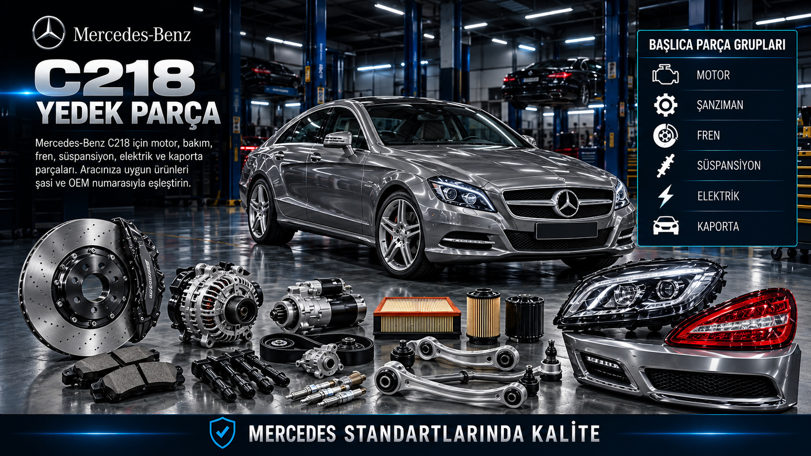 Mercedes-Benz C218 CLS için motor, şanzıman, fren, süspansiyon ve kaporta parçaları