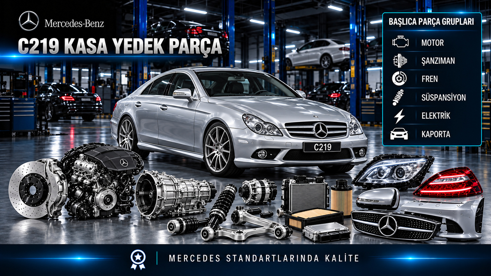Mercedes CLS C219 motor, bakım, fren, süspansiyon, konfor ve dört kapılı coupe parçaları