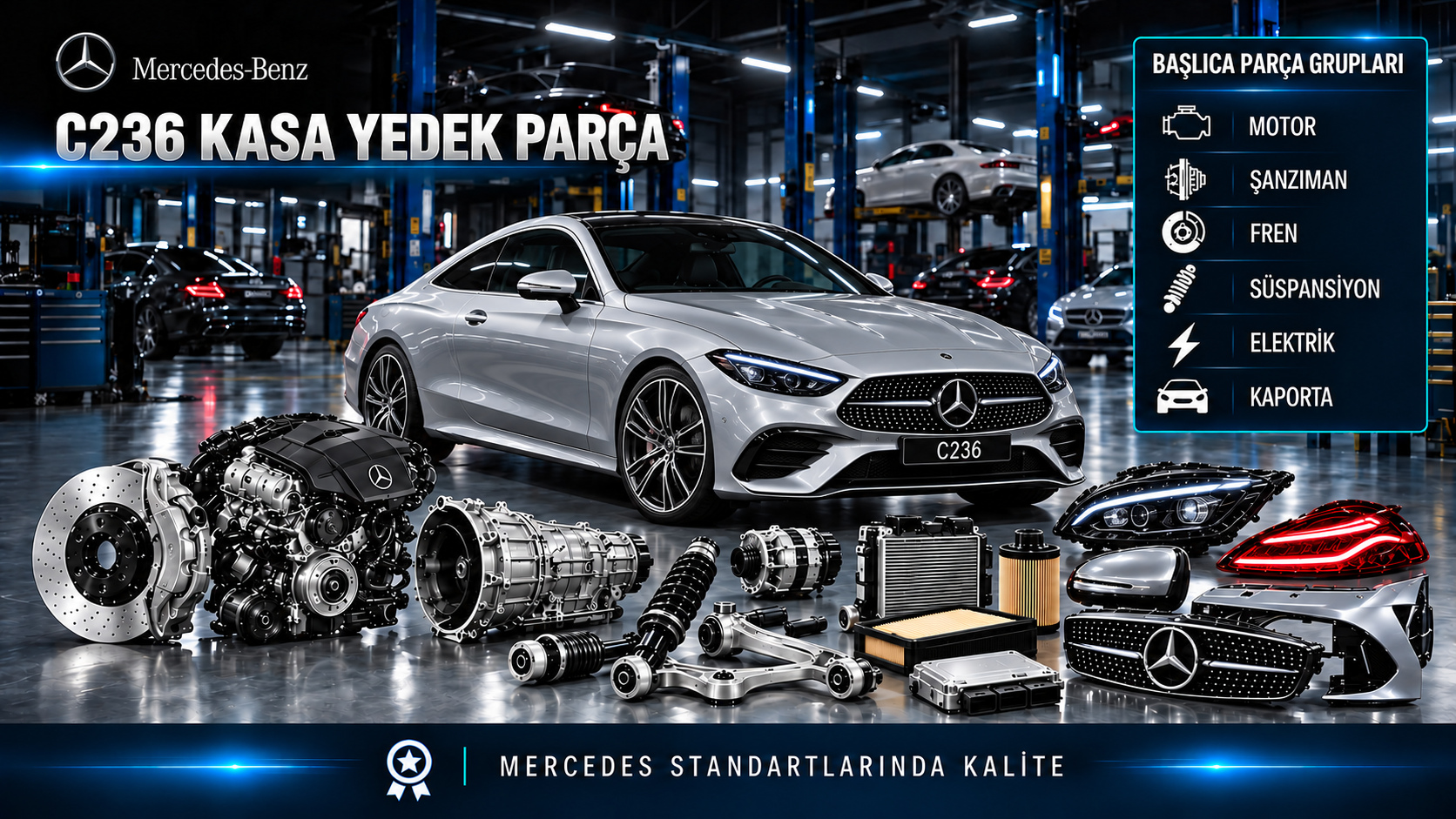 Mercedes CLE C236 coupe motor, bakım, fren, süspansiyon, elektronik ve gövde parçaları