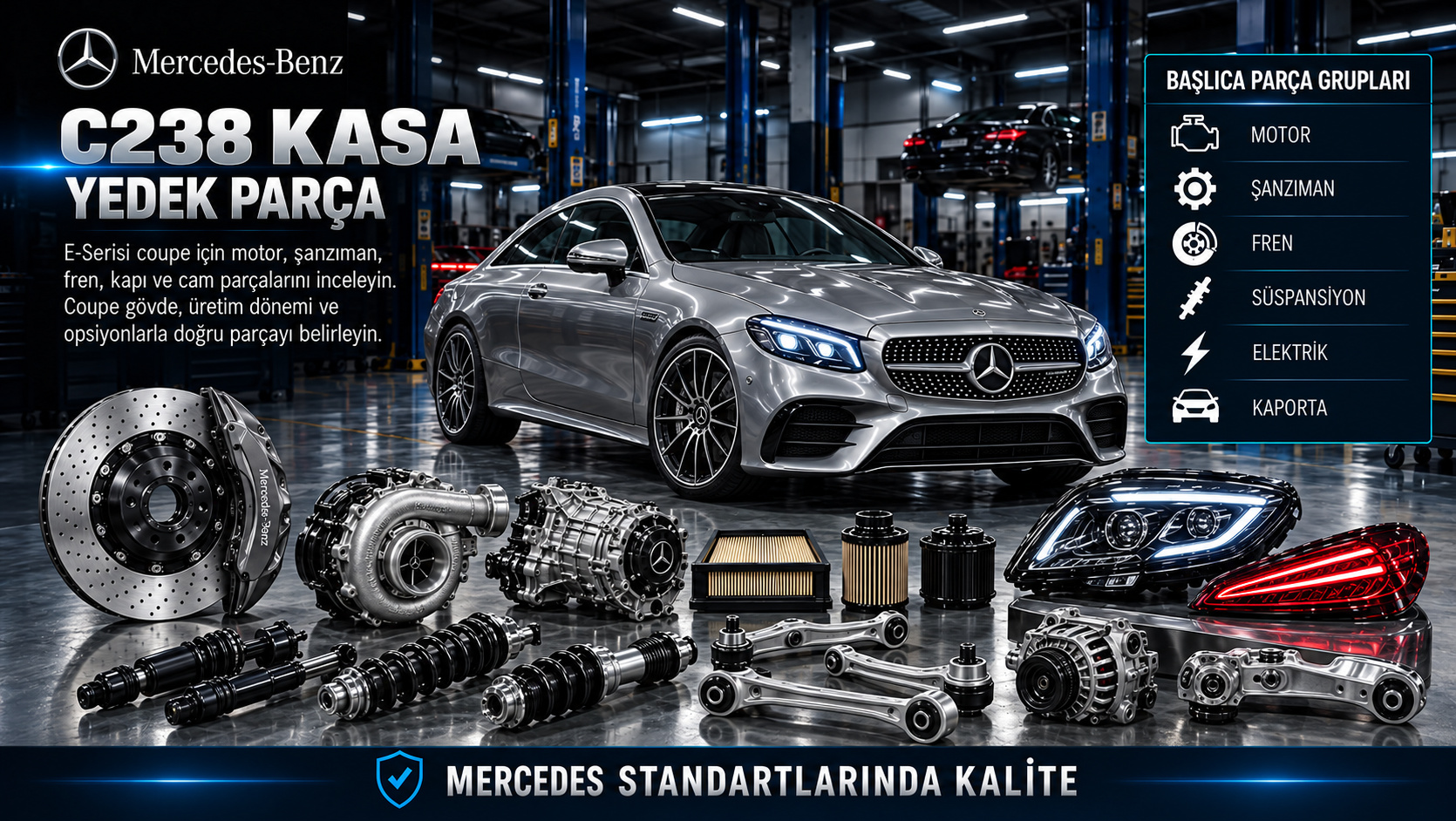 Mercedes C238 E-Serisi coupe motor, şanzıman, fren, kapı, cam ve gövde parçaları