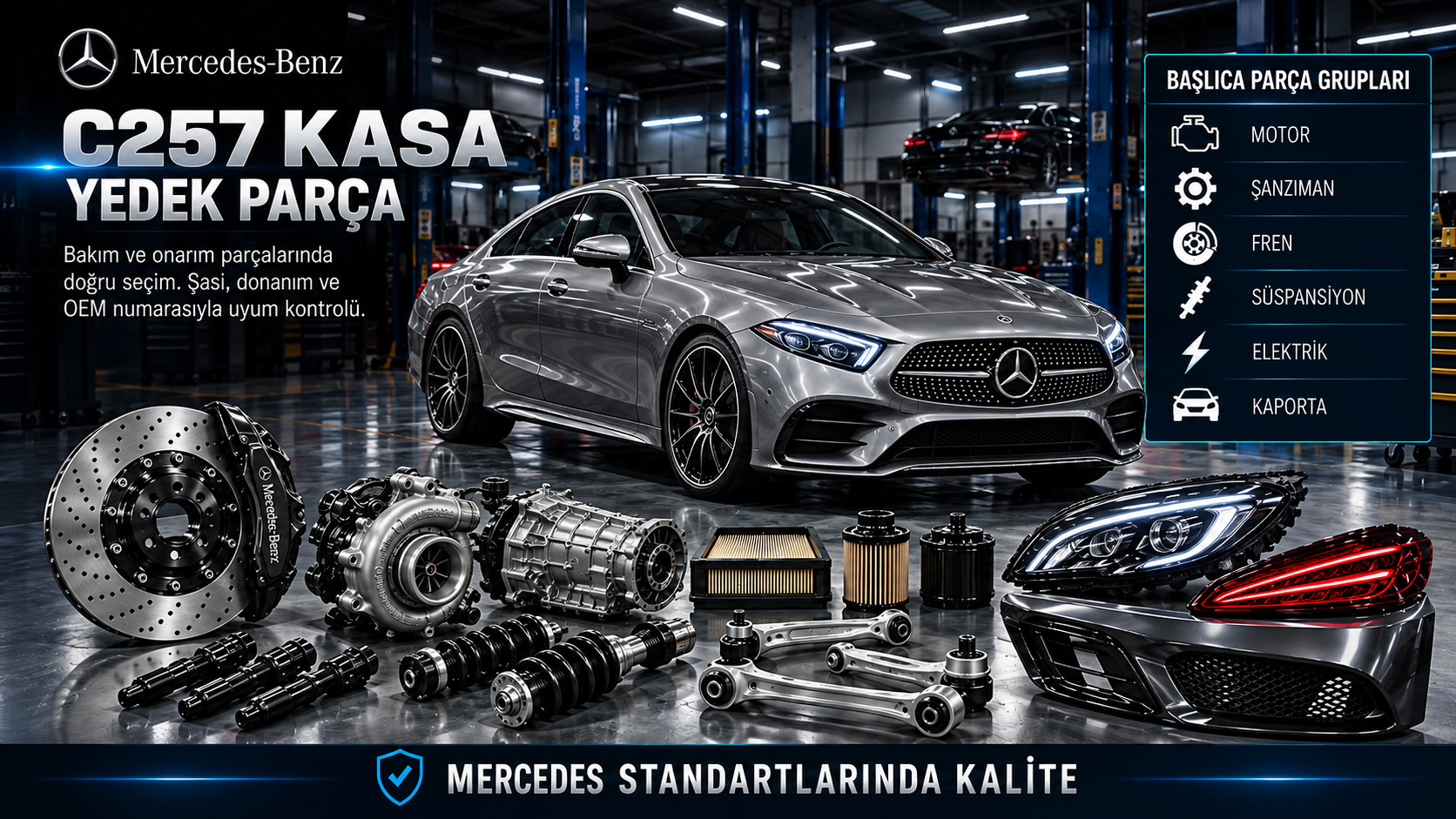 Mercedes C257 CLS motor, şanzıman, fren, süspansiyon, elektronik, aydınlatma ve gövde parçaları