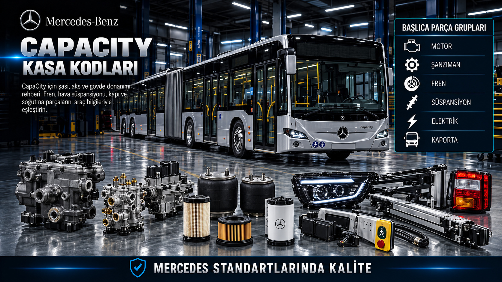 Mercedes-Benz CapaCity körüklü şehir otobüsü ve parça gruplarını gösteren kategori görseli