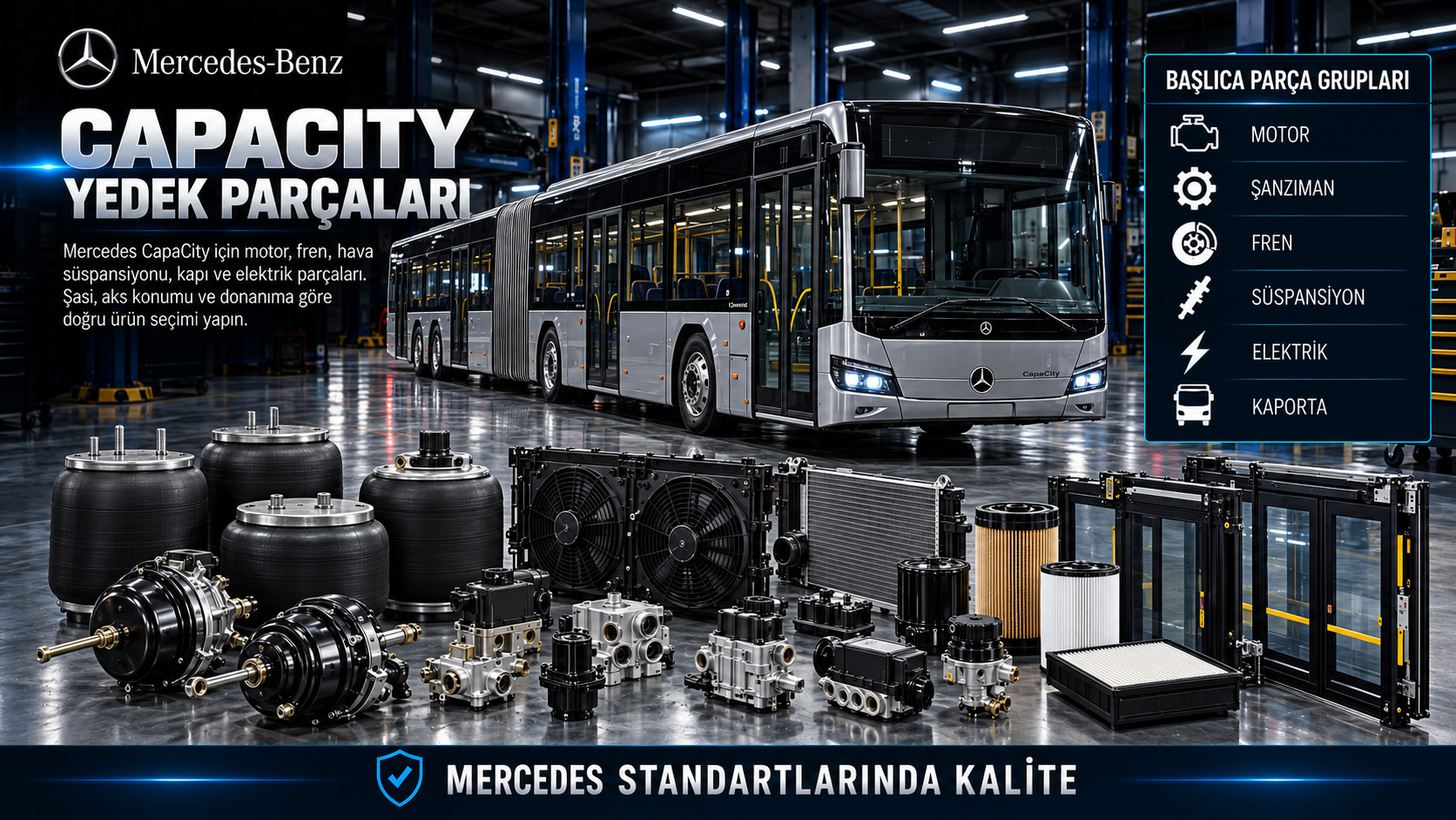 Mercedes-Benz CapaCity şehir otobüsü ve yedek parça gruplarını gösteren kategori görseli