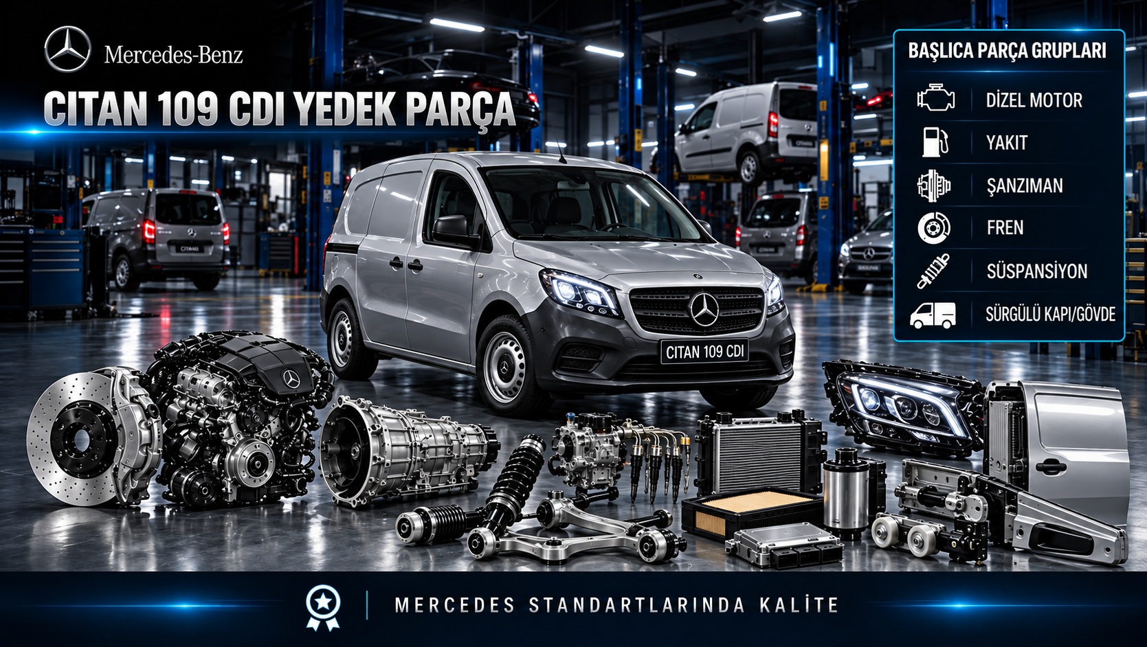 Mercedes Citan 109 CDI ticari van ve dizel motor, fren, sürgülü kapı yedek parça grupları