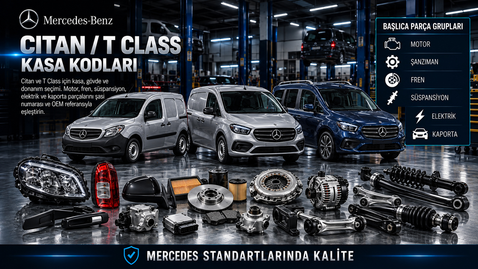 Mercedes Citan ve T Class kasa kodları ile motor, fren, süspansiyon ve gövde parçaları