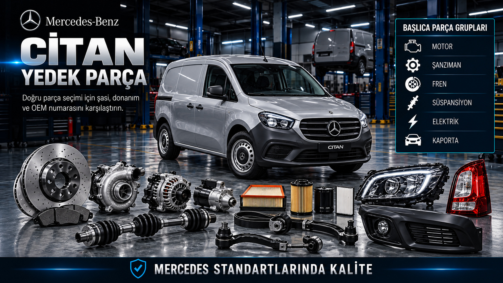 Mercedes Citan ticari bakım, aktarma, fren, sürgülü kapı ve yük bölümü parçaları