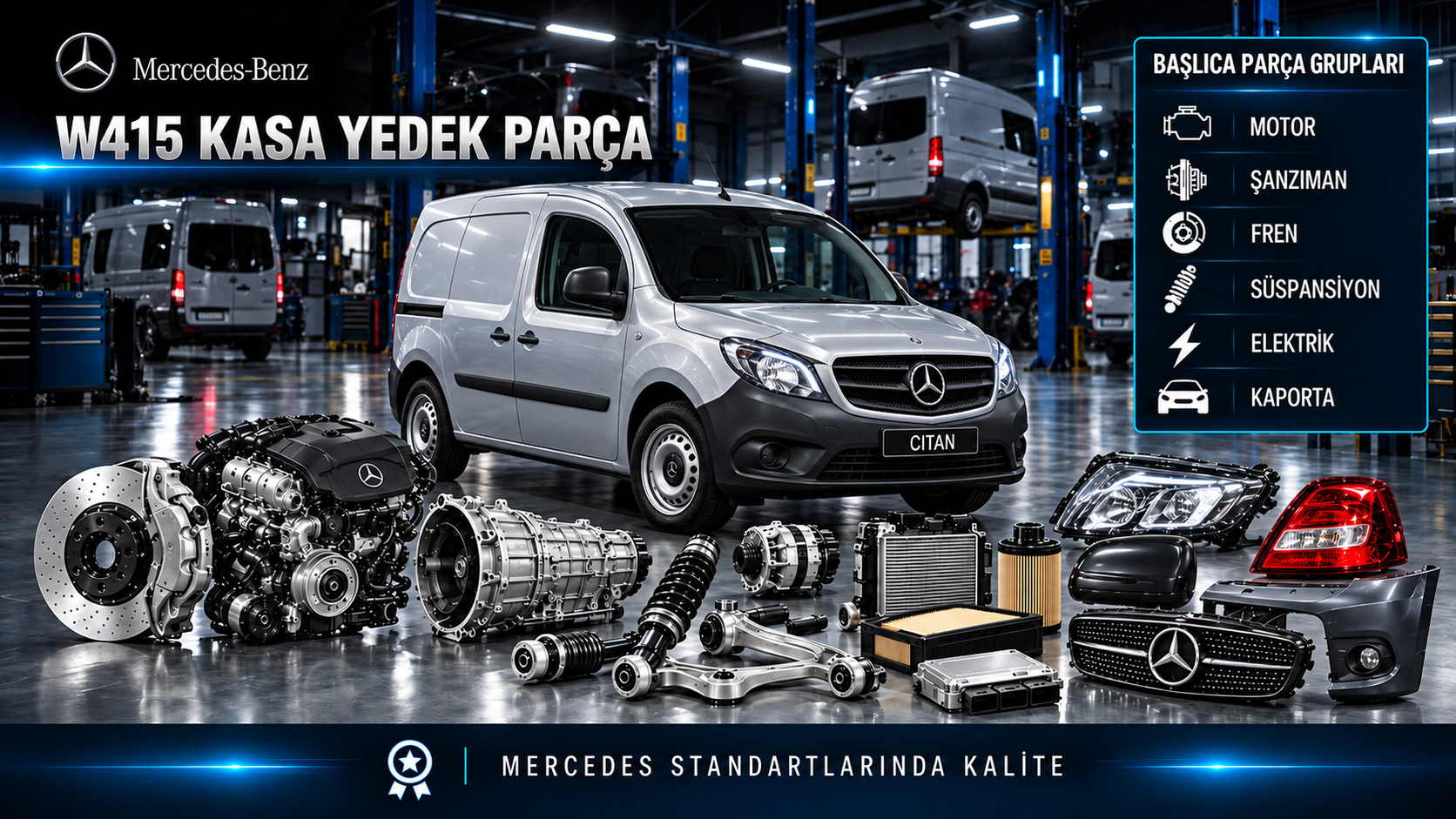 Mercedes Citan W415 motor, bakım, debriyaj, fren, süspansiyon ve panelvan gövde parçaları