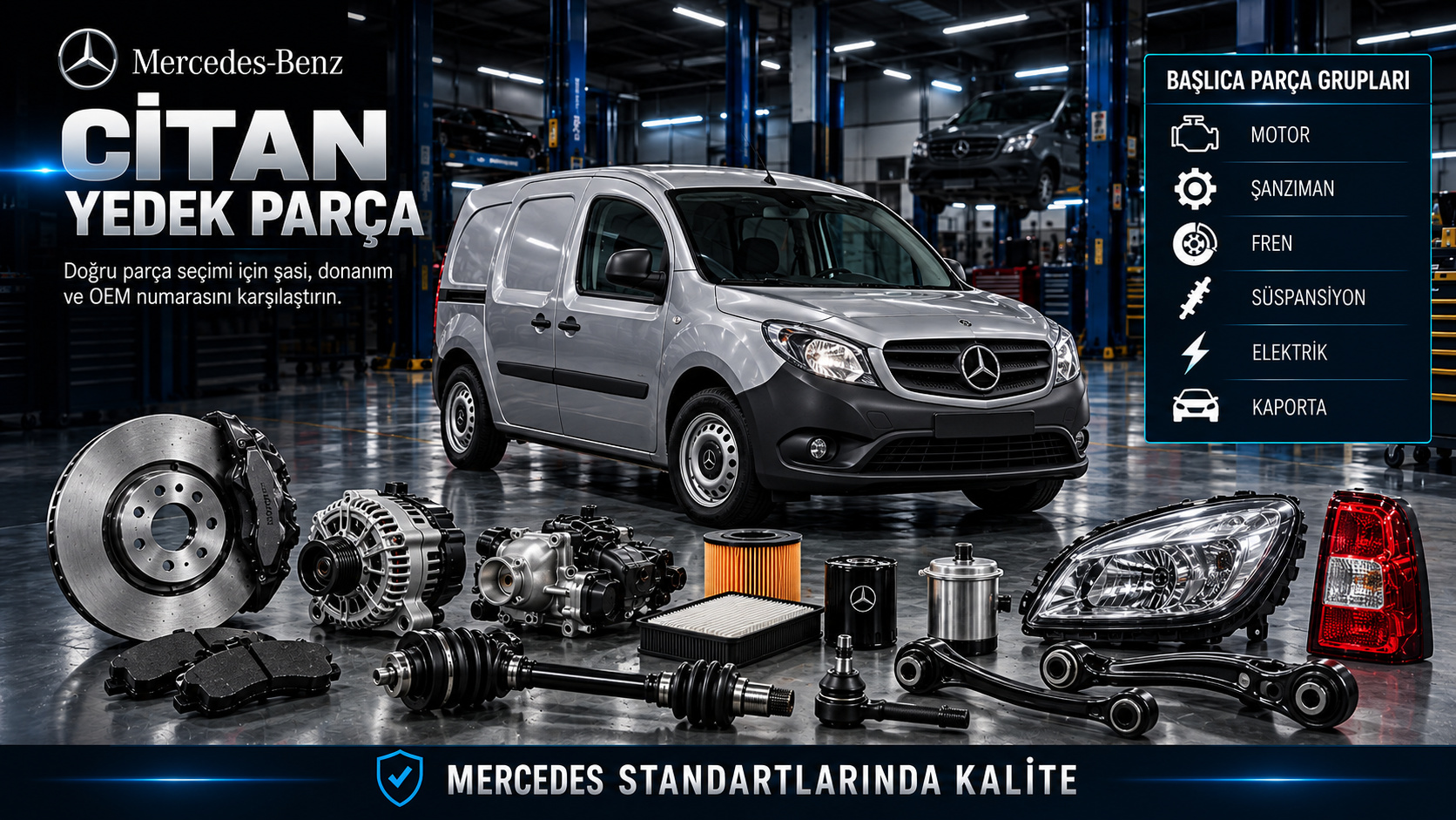 Mercedes Citan kasa nesline göre bakım, aktarma, fren, kapı ve gövde parçaları