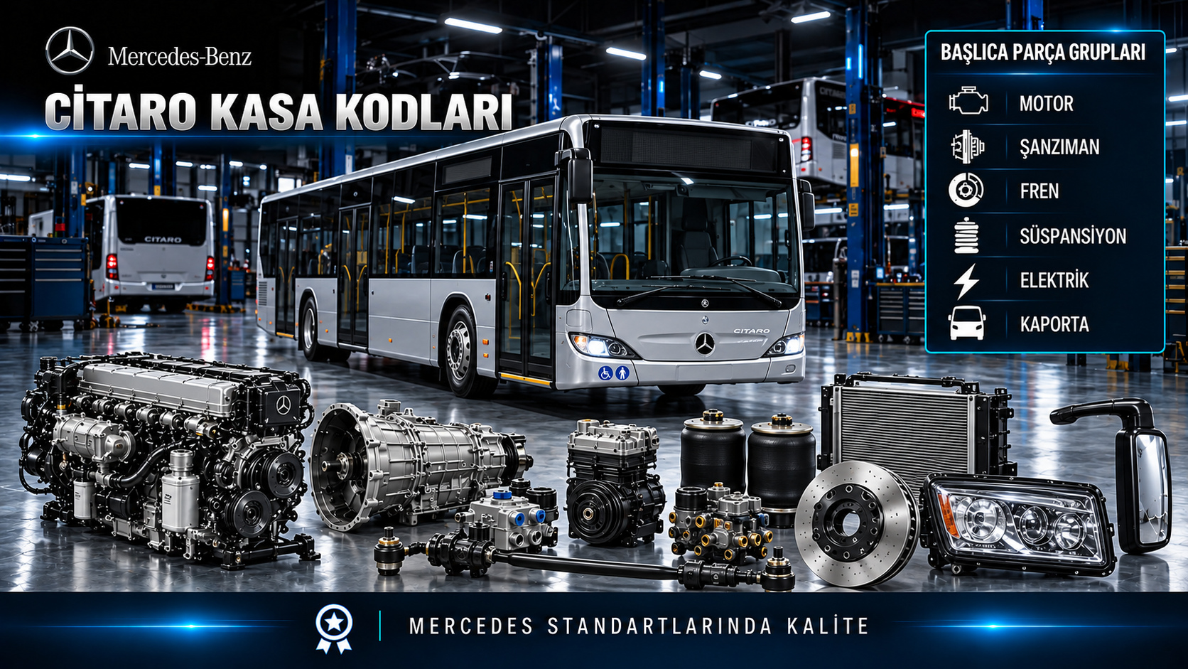 Mercedes Citaro otobüs motor, soğutma, havalı fren, süspansiyon, kapı ve elektrik parçaları
