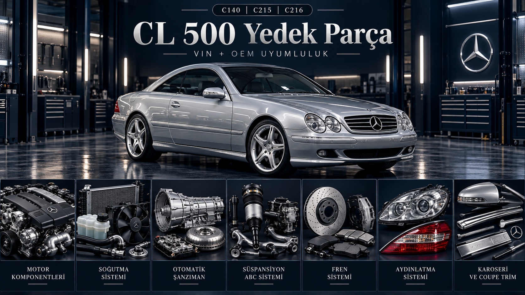 Mercedes CL 500 lüks coupe ve motor, soğutma, süspansiyon parçalarını gösteren kategori görseli