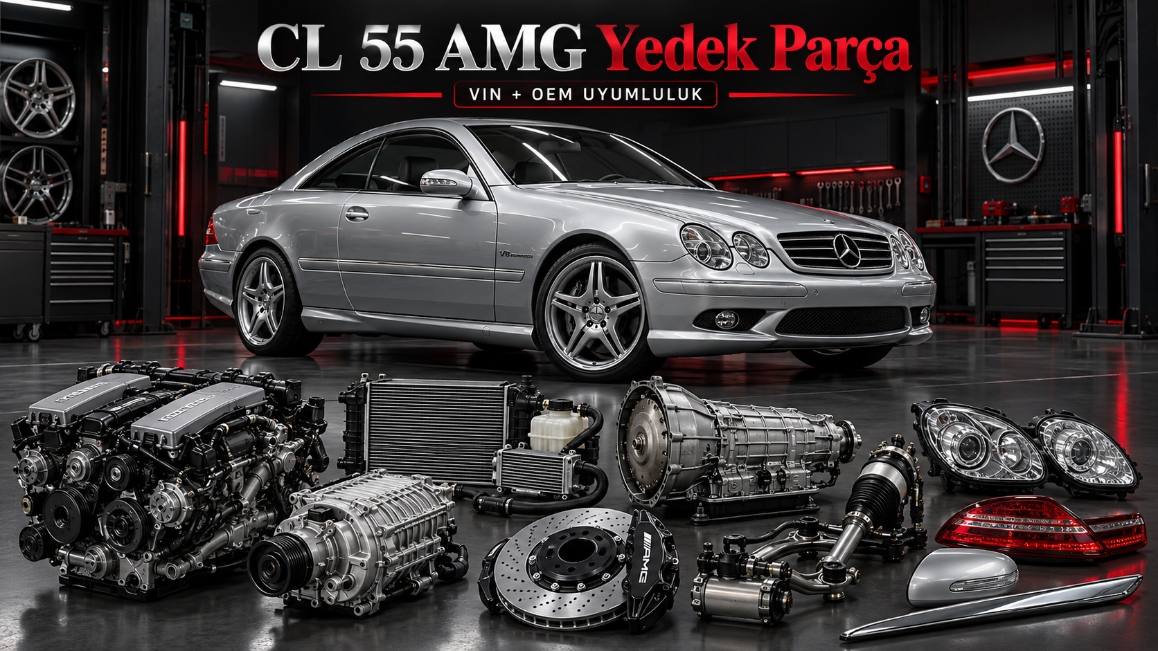 Mercedes CL 55 AMG coupe ve performans motor, fren parçalarını gösteren kategori görseli