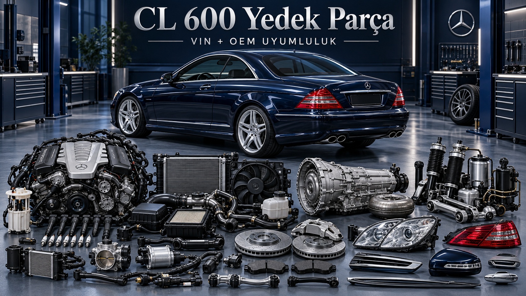 Mercedes CL 600 lüks coupe ve motor, aktarma ile süspansiyon parçalarını gösteren kategori görseli