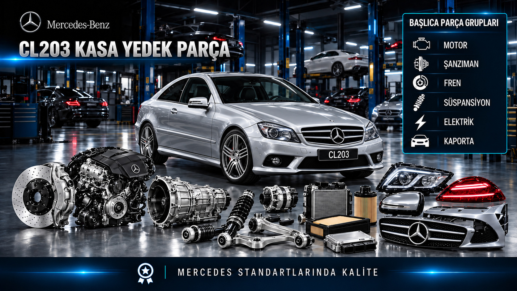 Mercedes CLC CL203 motor, bakım, fren, süspansiyon, kapı ve üç kapılı gövde parçaları