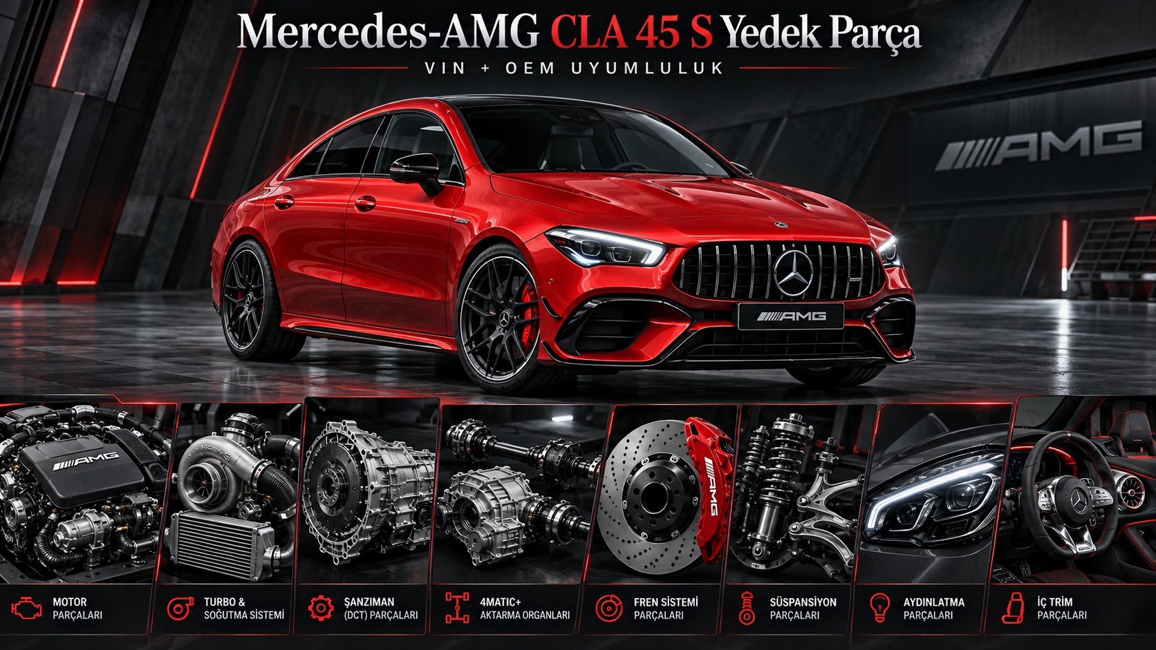 Mercedes-AMG CLA 45 S coupe ve performans fren, turbo, süspansiyon parçalarını gösteren kategori görseli