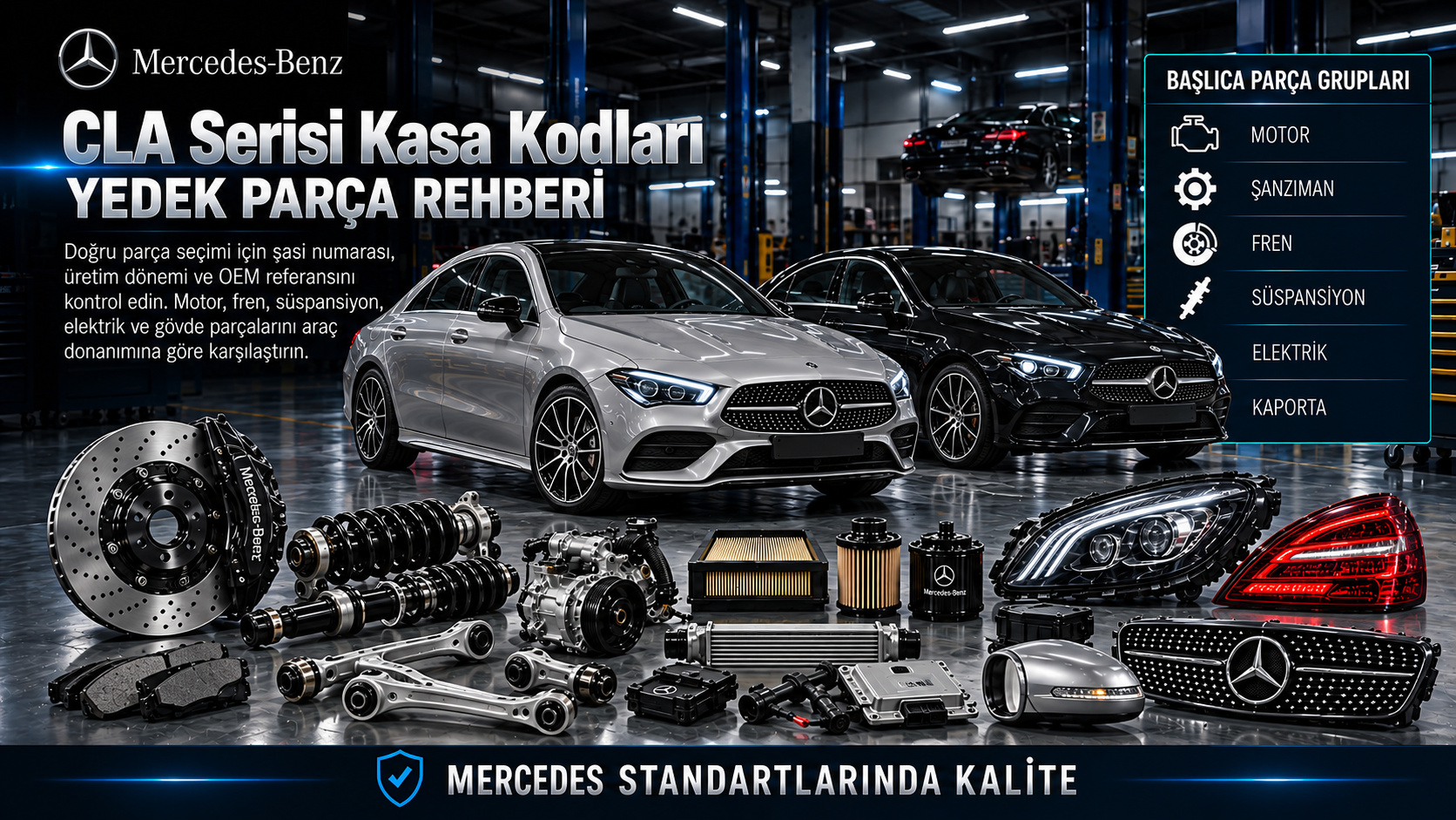 Mercedes CLA Serisi Kasa Kodları: araç ve ilgili motor, fren, süspansiyon, elektrik ve gövde parçaları
