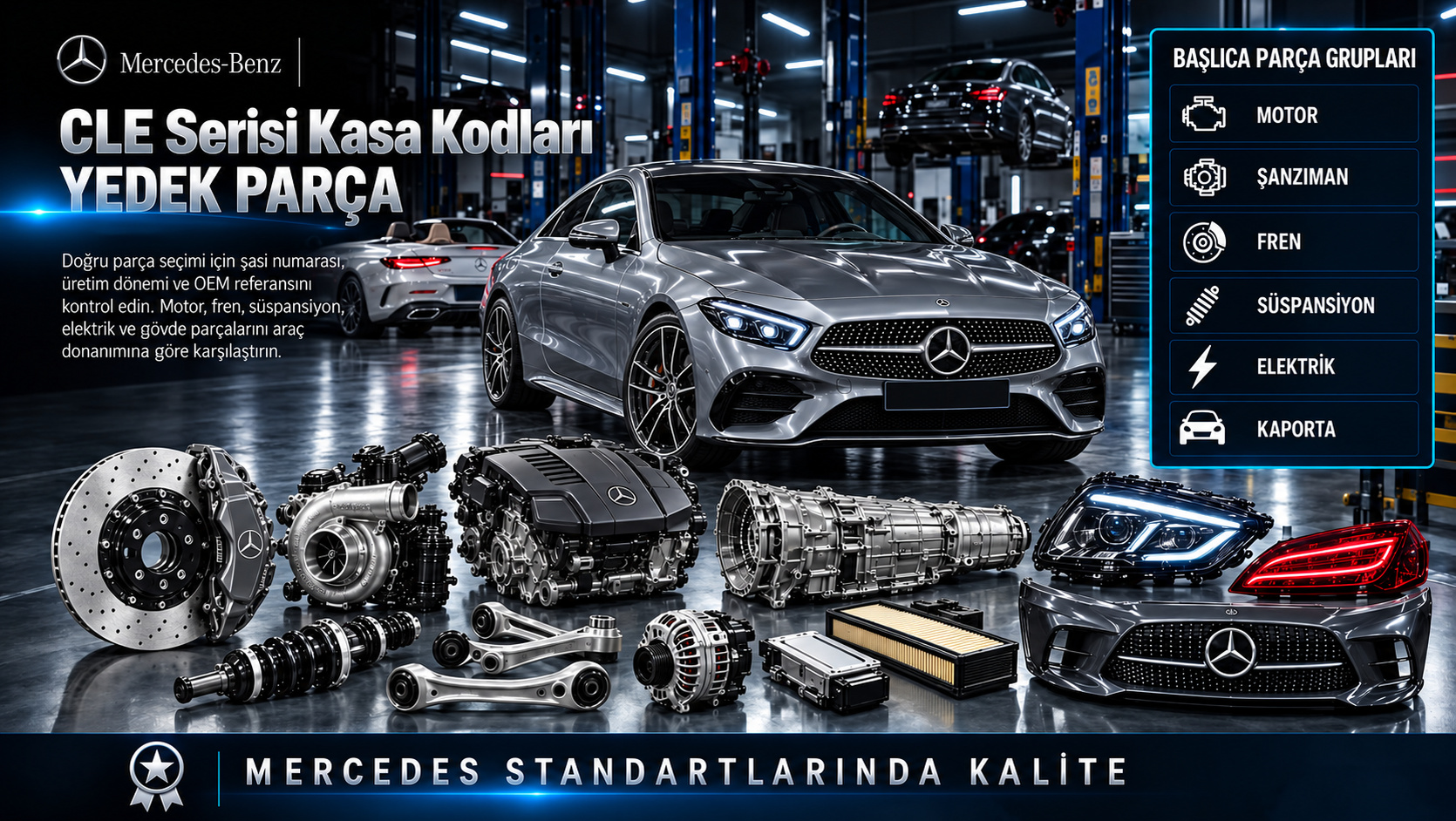 Mercedes CLE Serisi Kasa Kodları: motor, aktarma, fren, süspansiyon ve gövde parçaları