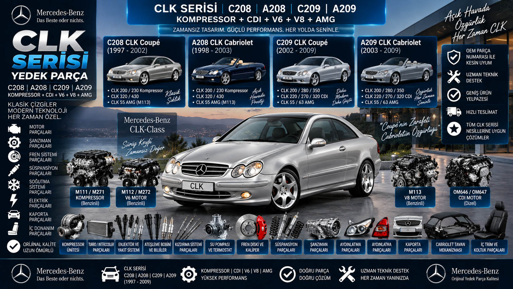 Mercedes CLK Serisi Yedek Parça Mercedes CLK Serisi yedek parça C208 A208 C209 A209 motor Kompressor CDI AMG fren süspansiyon şanzıman ve kaporta parçaları