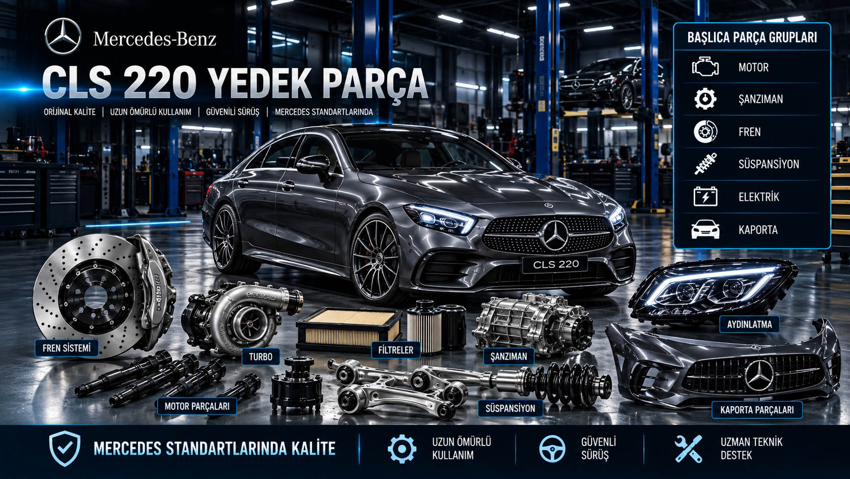 Mercedes CLS 220 ve bakım ile yedek parça gruplarını gösteren kategori bannerı