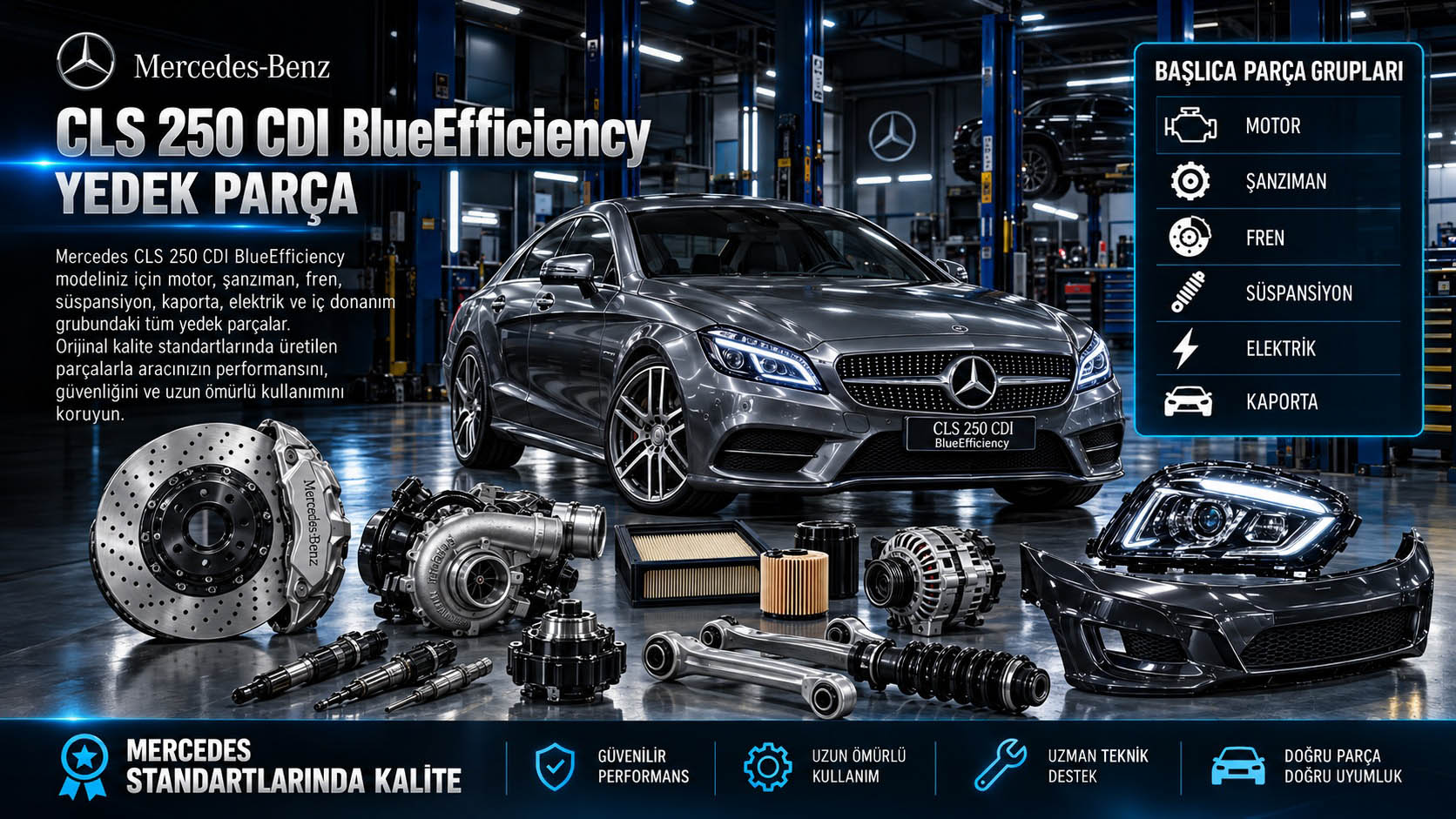 Mercedes CLS 250 CDI BlueEfficiency için bakım ve dizel yedek parça gruplarını gösteren kategori bannerı