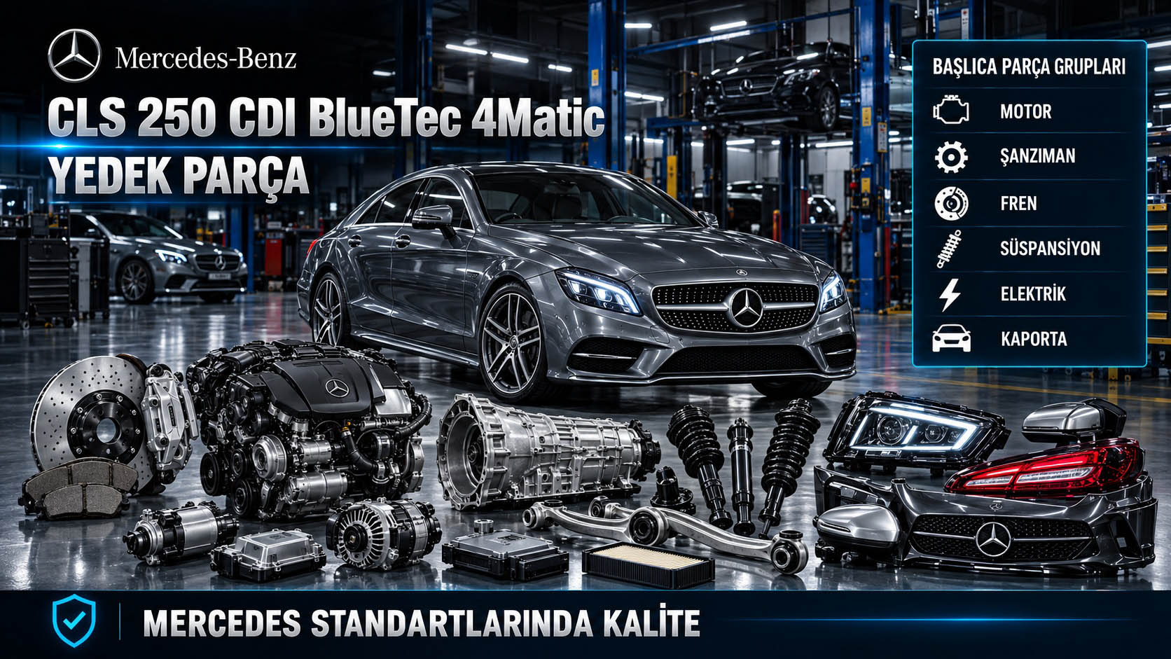 Mercedes CLS 250 CDI BlueTEC 4Matic için dizel, emisyon ve dört çeker yedek parça gruplarını gösteren kategori bannerı