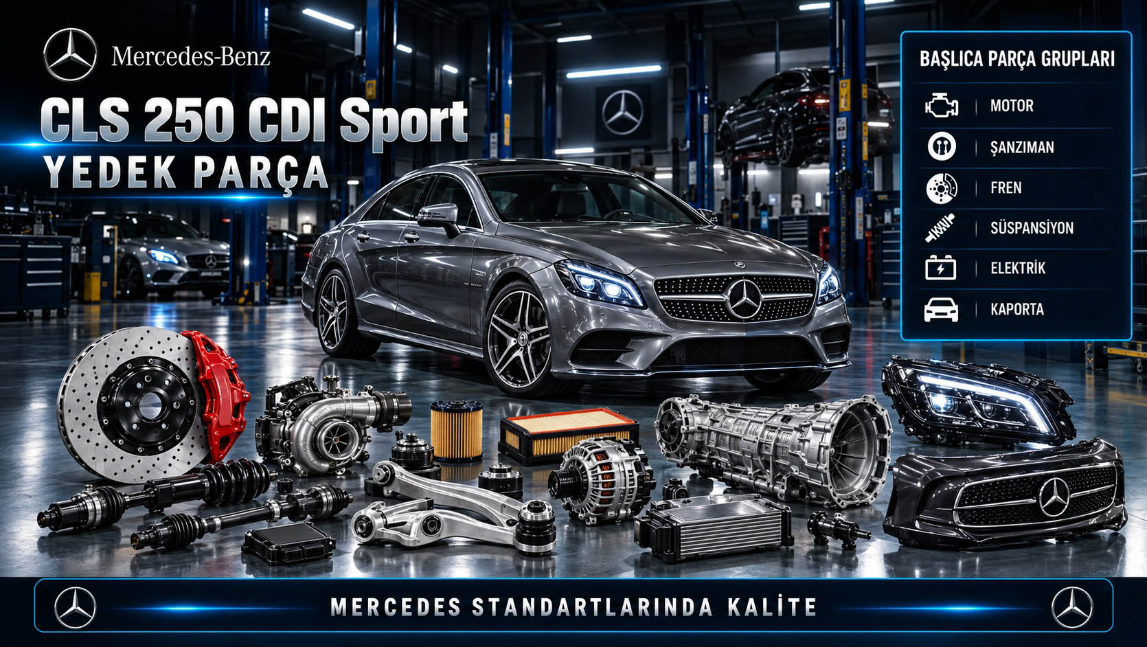 Mercedes CLS 250 CDI Sport ve fren ile yürüyen aksam yedek parçalarını gösteren kategori bannerı