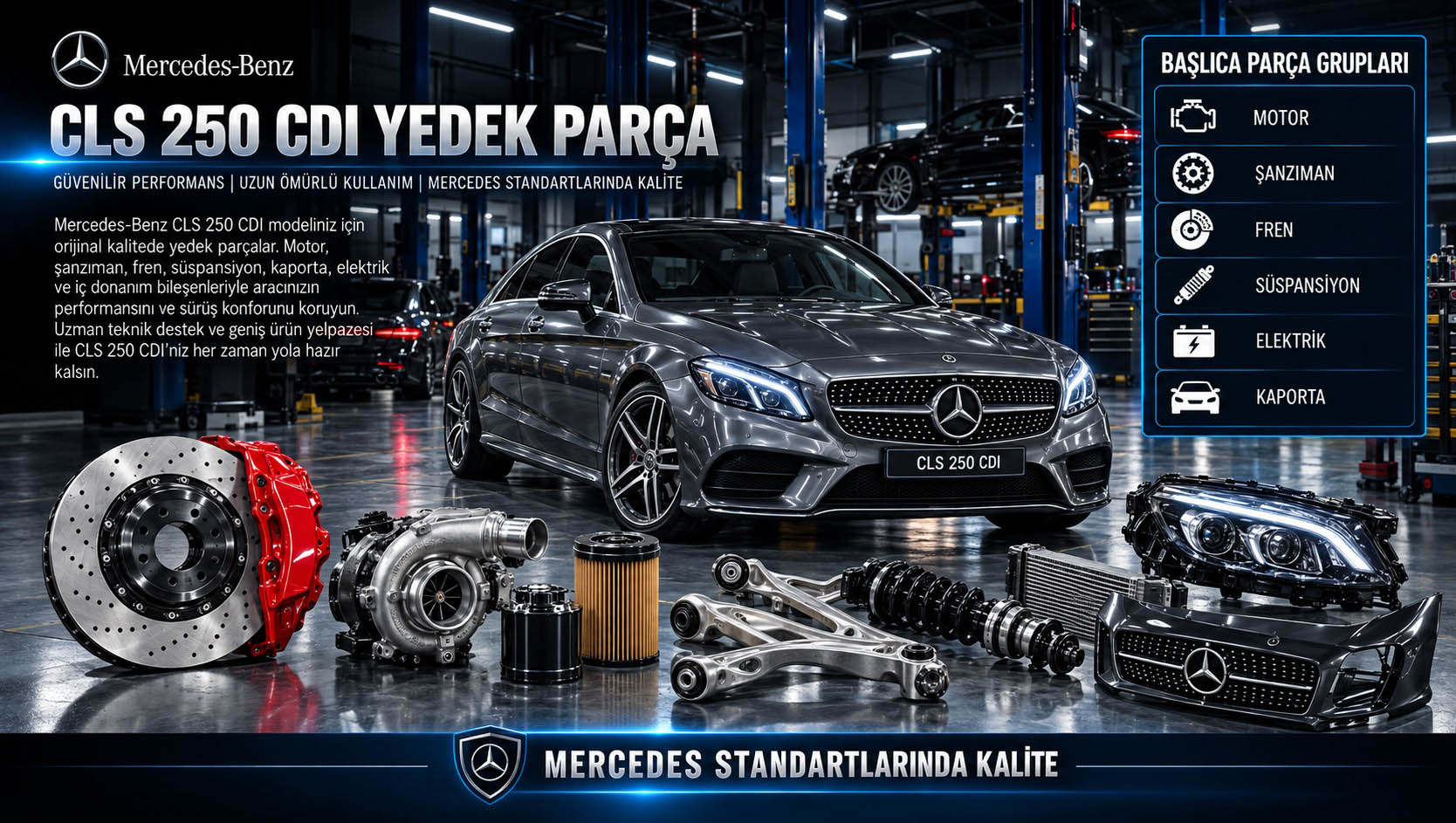 Mercedes CLS 250 CDI ve dizel motor yedek parça gruplarını gösteren kategori bannerı