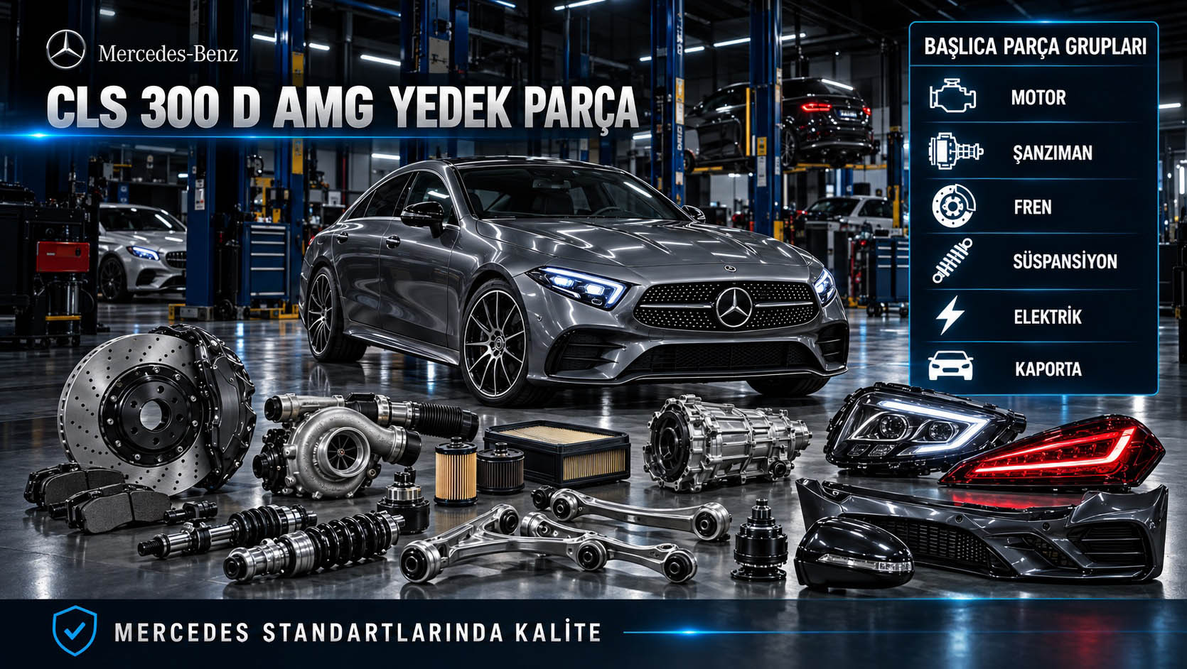 Mercedes CLS 300 D AMG donanımı ve ilgili yedek parça gruplarını gösteren kategori bannerı