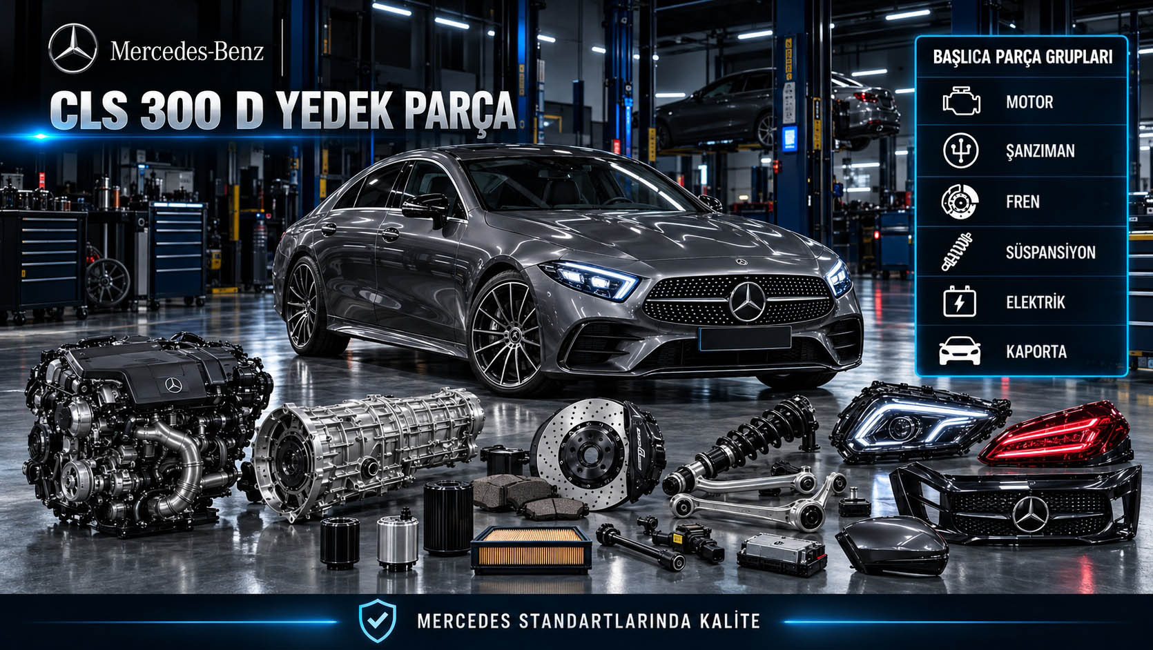 Mercedes CLS 300 D ve dizel motor bakım parçalarını gösteren kategori bannerı