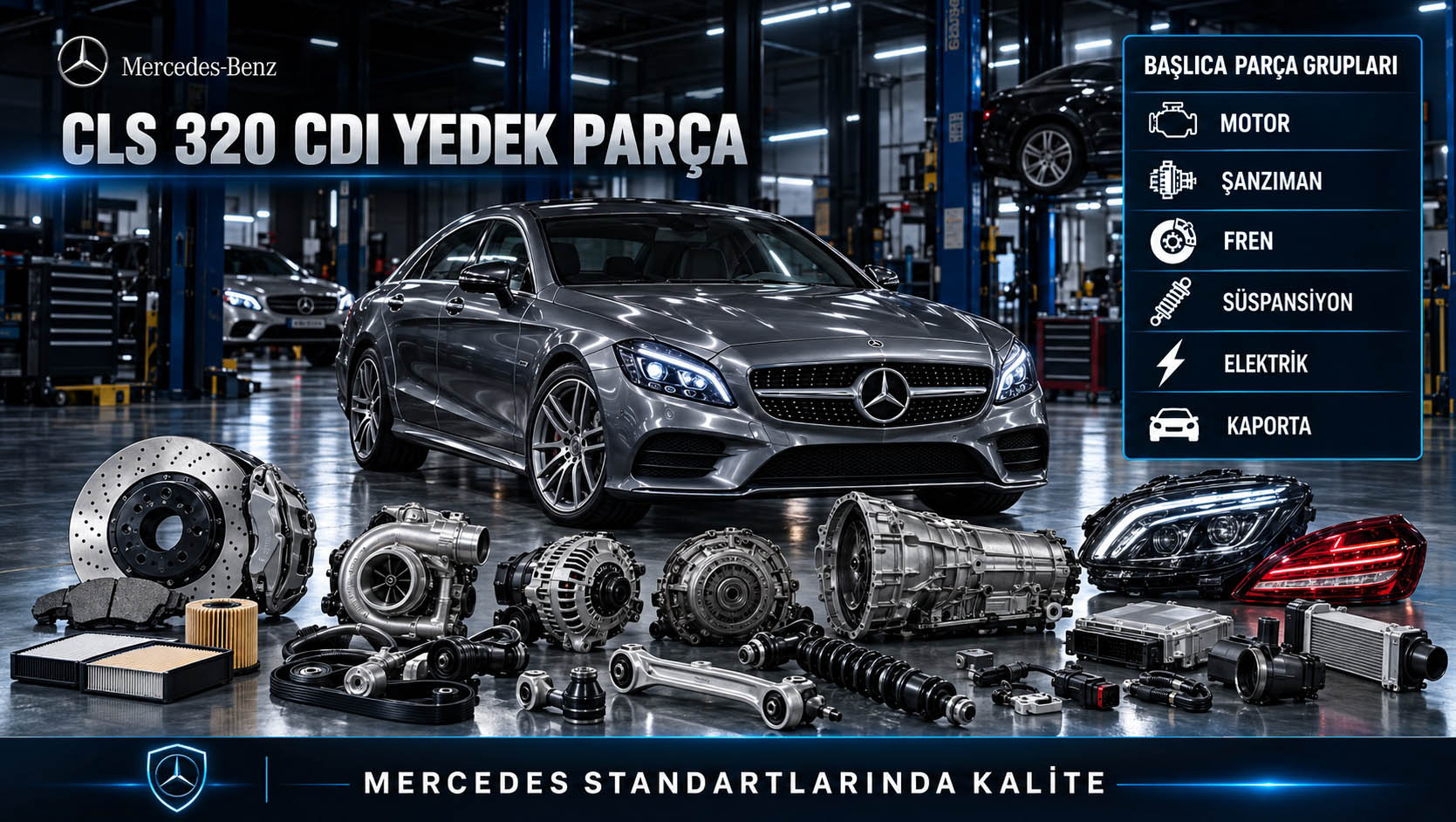 Mercedes CLS 320 CDI dizel motor ve yedek parça gruplarını gösteren kategori bannerı