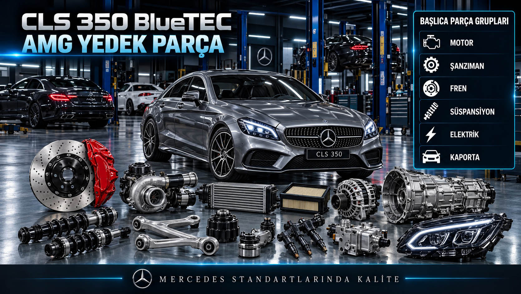 Mercedes CLS 350 BlueTEC AMG donanımı ve dizel yedek parça gruplarını gösteren kategori bannerı