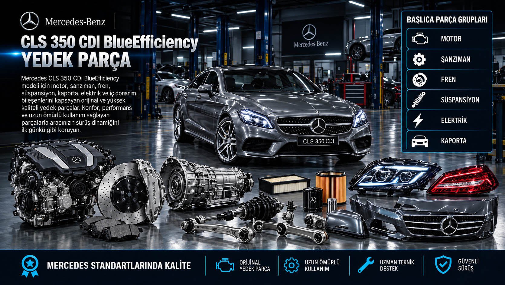 Mercedes CLS 350 CDI BlueEfficiency ve dizel bakım parçalarını gösteren kategori bannerı