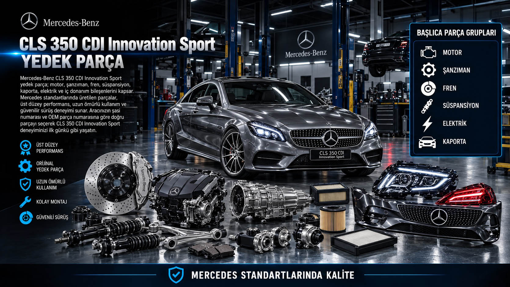 Mercedes CLS 350 CDI Innovation Sport ve motor, fren ile donanım parçalarını gösteren kategori bannerı