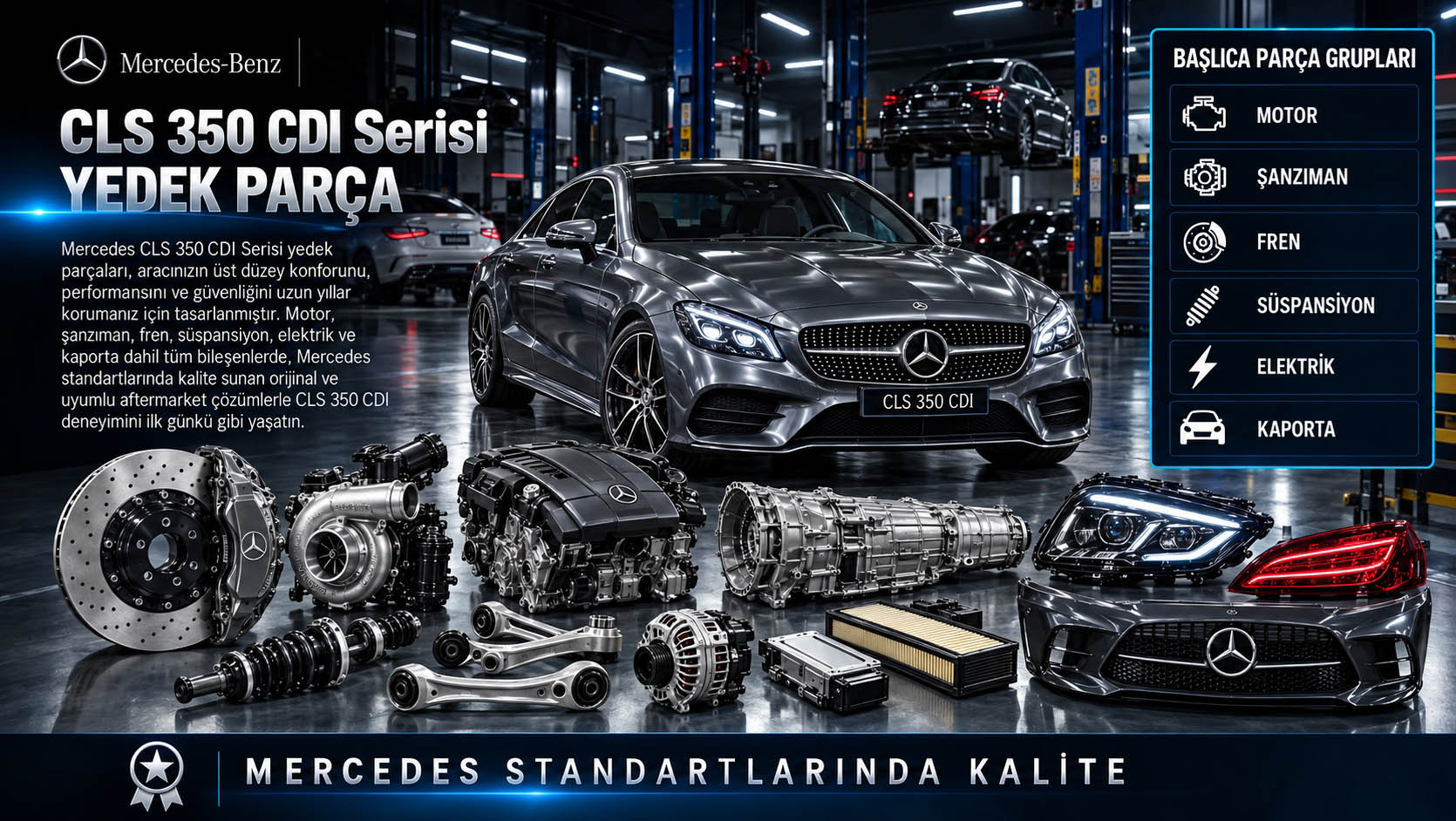 Mercedes CLS 350 CDI Serisi ve dizel motor yedek parça gruplarını gösteren kategori bannerı