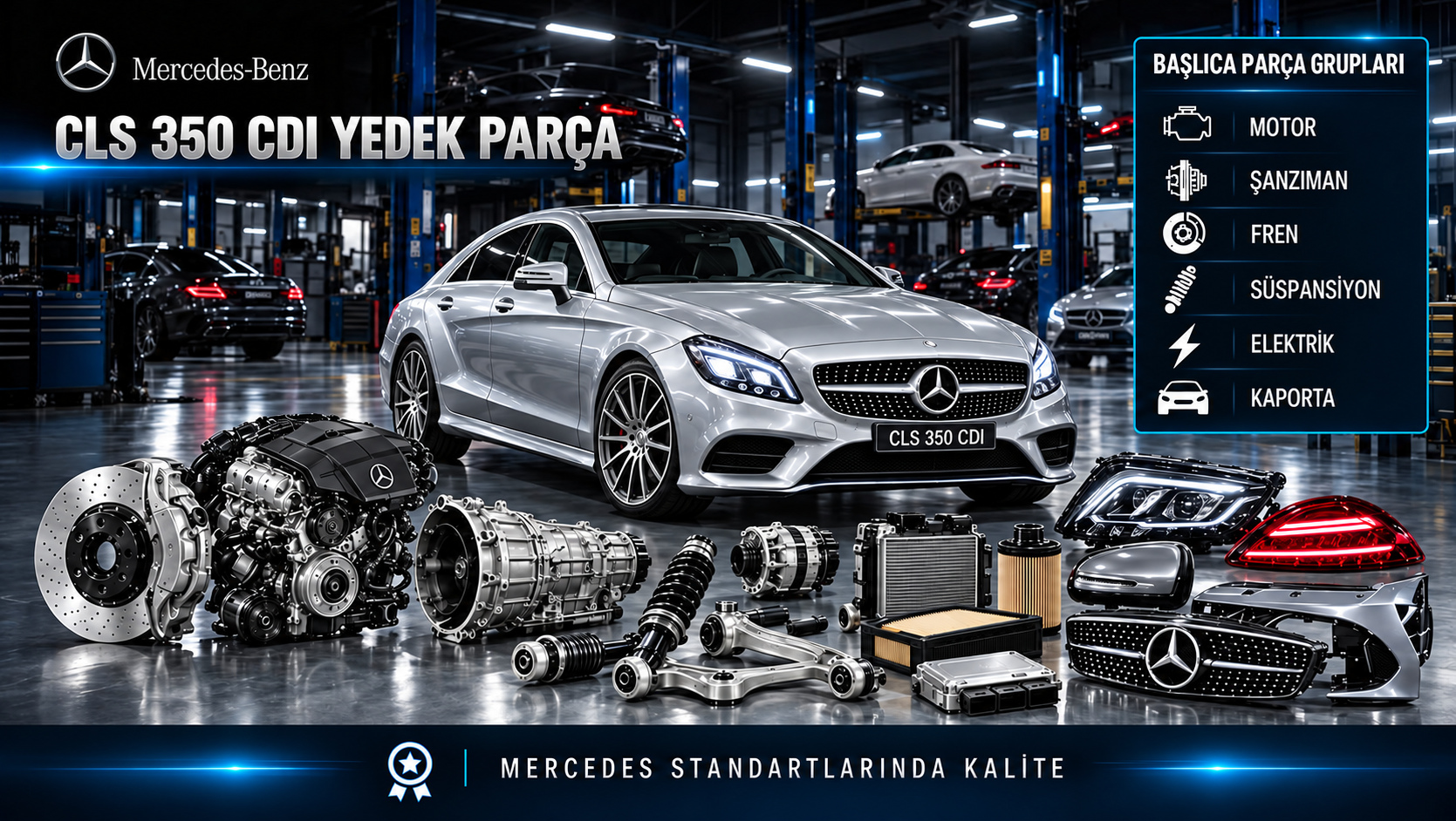 Mercedes-Benz CLS 350 CDI için dizel motor, yakıt, şanzıman, fren, süspansiyon ve coupe gövde parçalarını gösteren kategori görseli