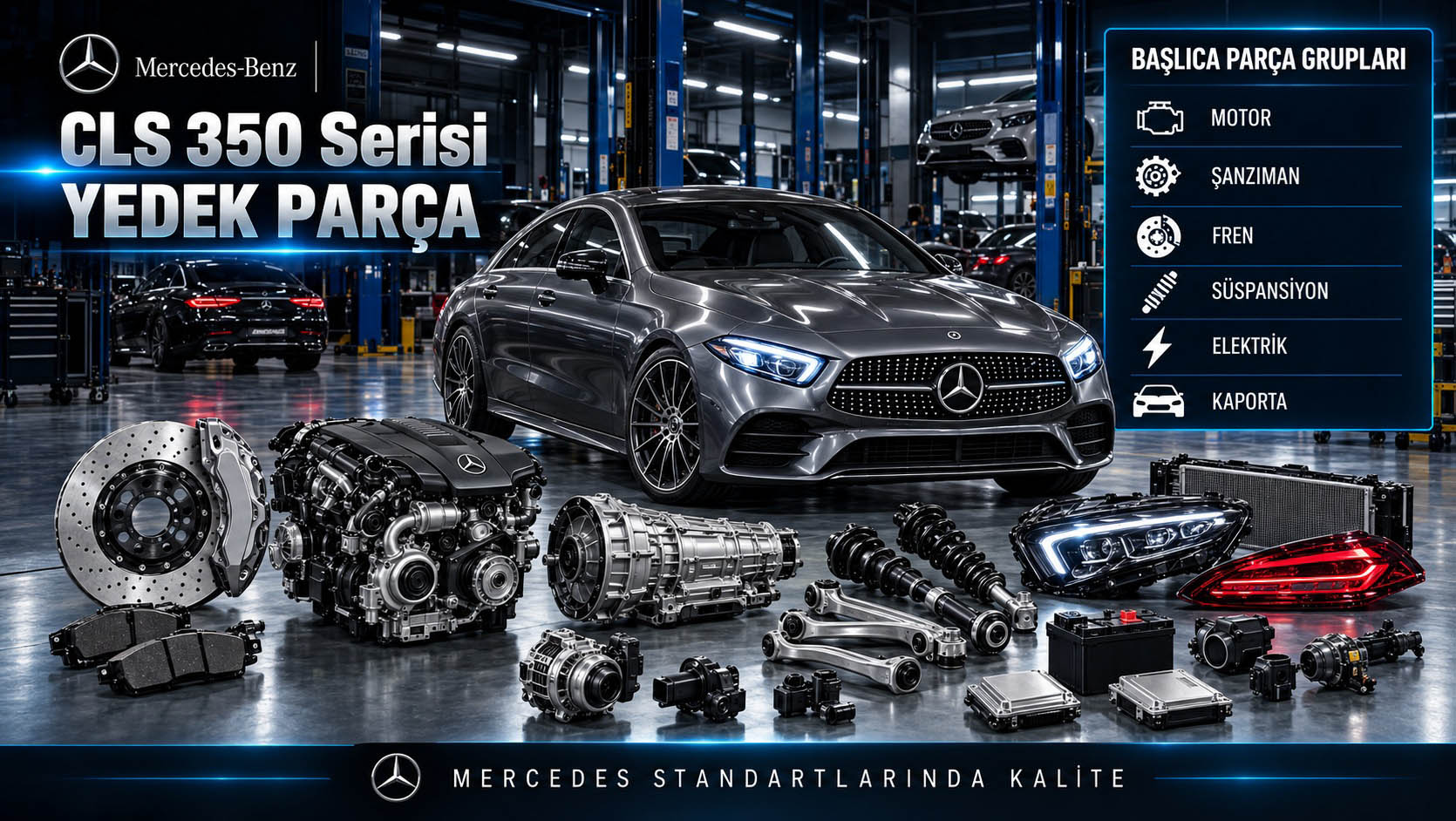 Mercedes CLS 350 Serisi ve bakım ile yedek parça gruplarını gösteren kategori bannerı
