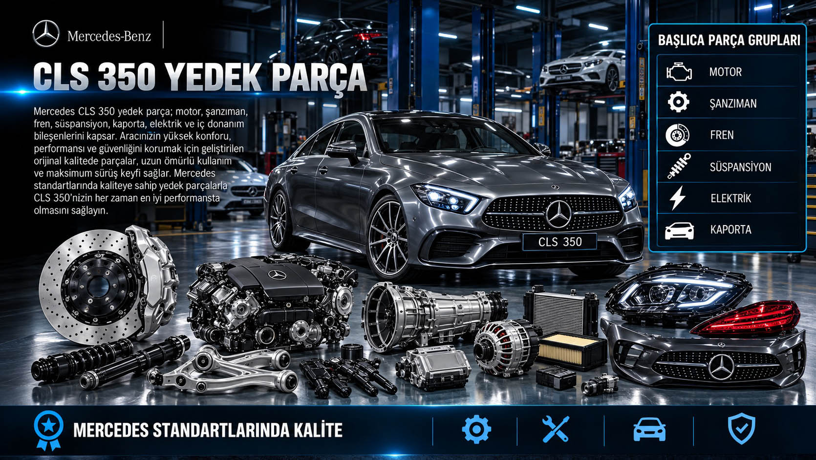 Mercedes CLS 350 ve motor, bakım ile yürüyen aksam yedek parçalarını gösteren kategori bannerı
