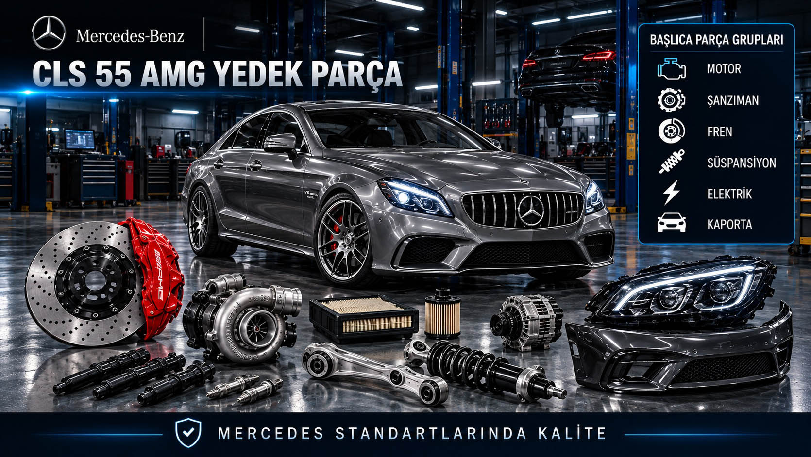 Mercedes CLS 55 AMG ve bu model için yedek parça gruplarını gösteren kategori bannerı