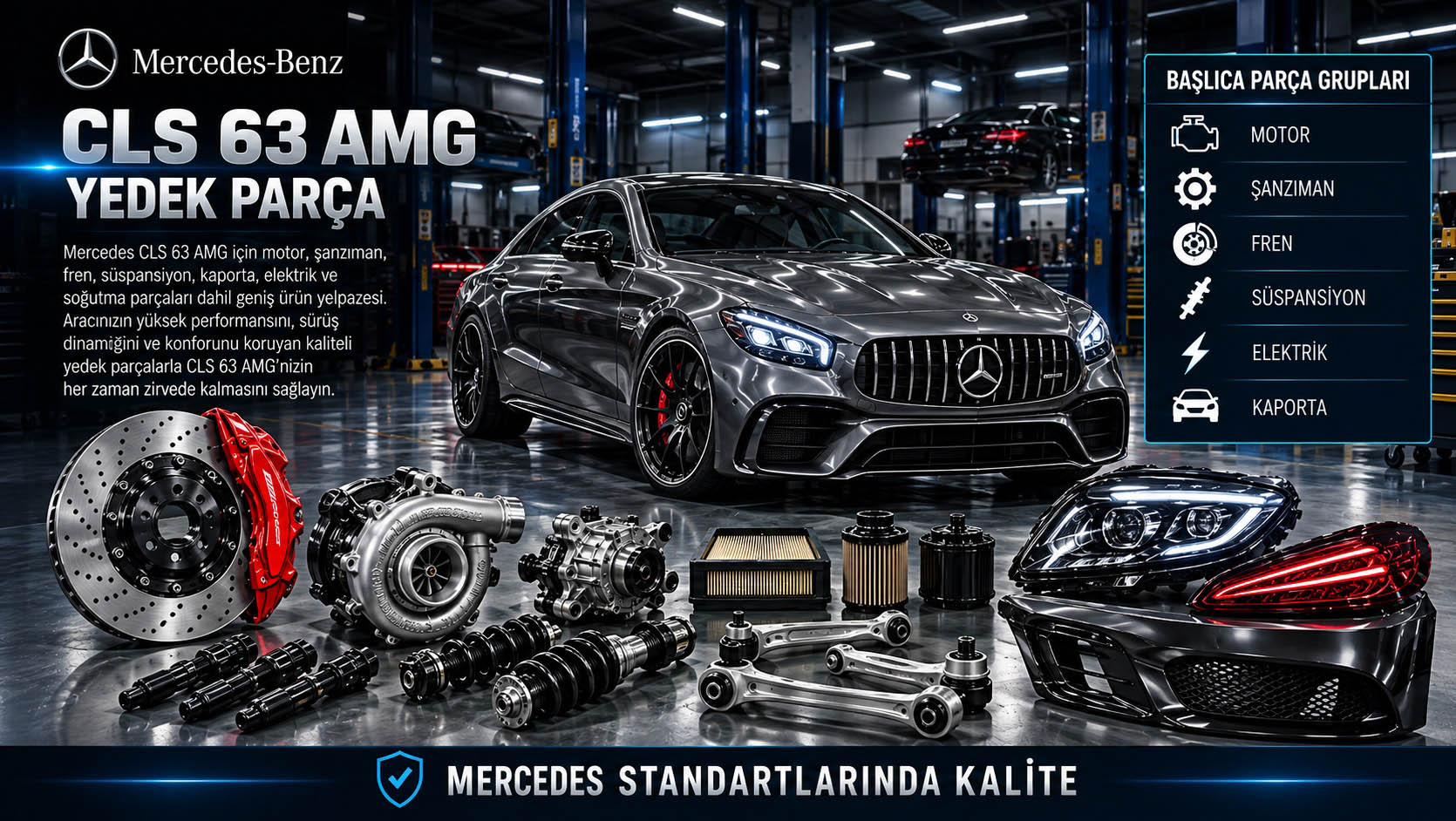 Mercedes CLS 63 AMG modeli ve performans yedek parça gruplarını gösteren kategori bannerı