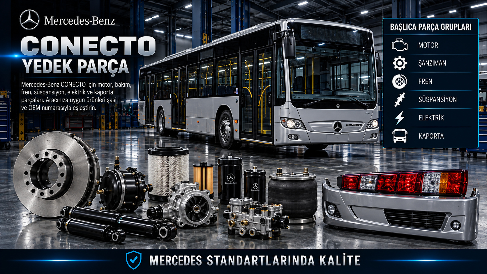 Mercedes-Benz Conecto otobüsler için kasa koduna göre motor, hava freni, süspansiyon ve kapı parçaları