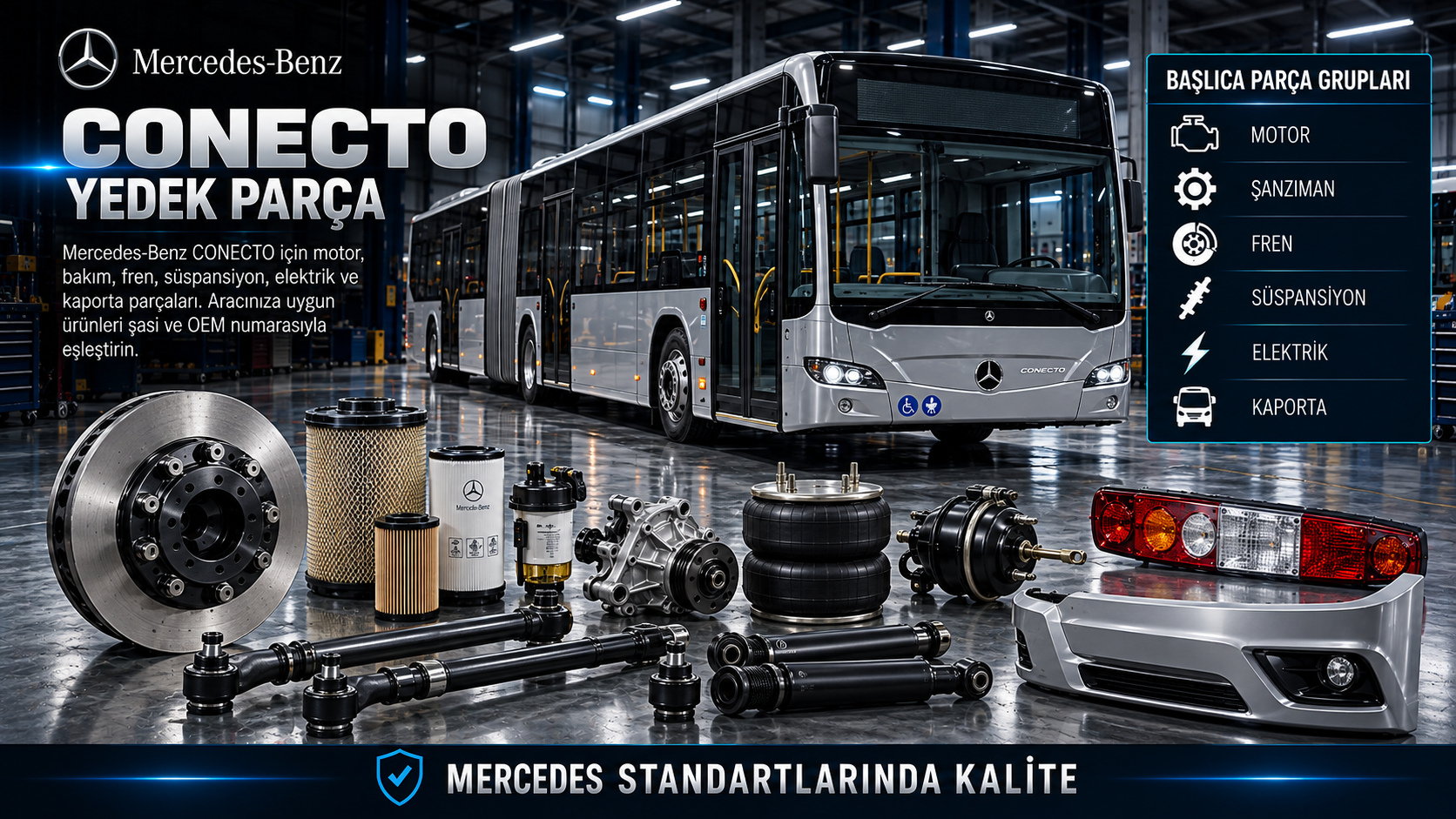 Mercedes-Benz Conecto otobüs için bakım, motor, havalı fren, kapı ve iklimlendirme parçaları