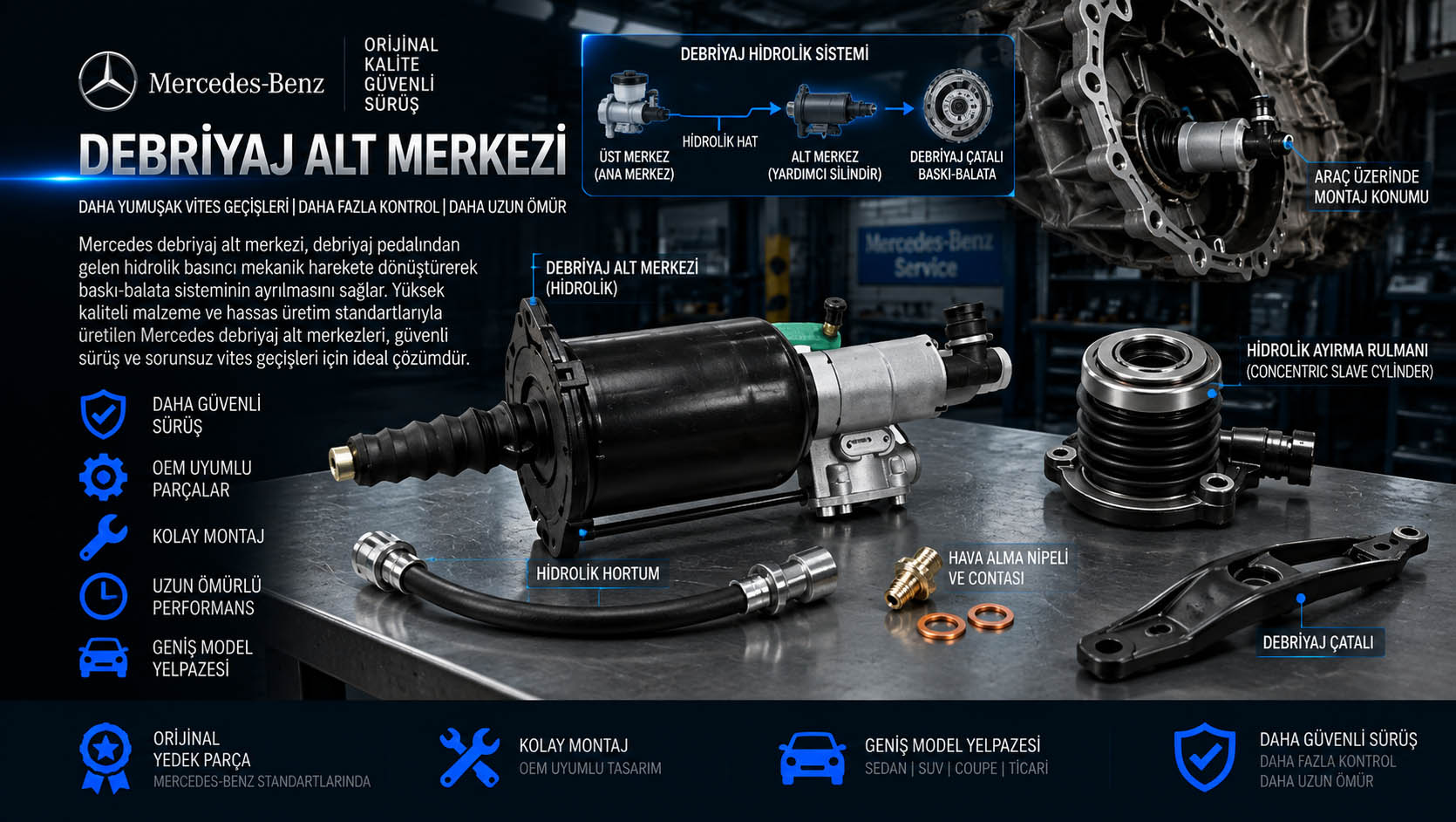 Mercedes debriyaj alt merkezi, clutch slave cylinder ve hidrolik debriyaj merkezi çeşitleri