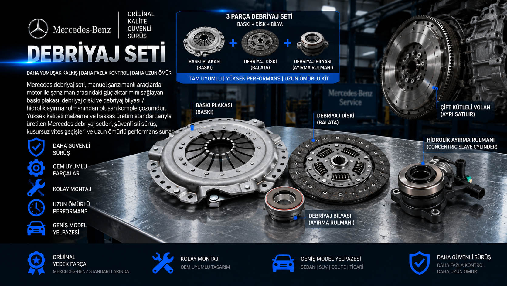 Mercedes Debriyaj Seti Mercedes debriyaj seti, baskı balata, clutch kit ve debriyaj bilyası çeşitleri