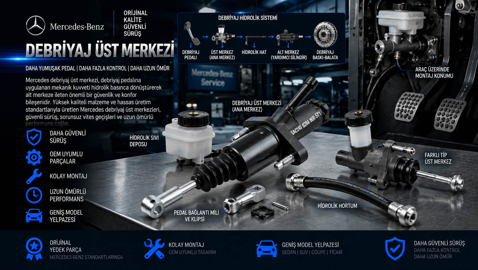 Mercedes debriyaj üst merkezi, clutch master cylinder ve hidrolik debriyaj merkezi çeşitleri