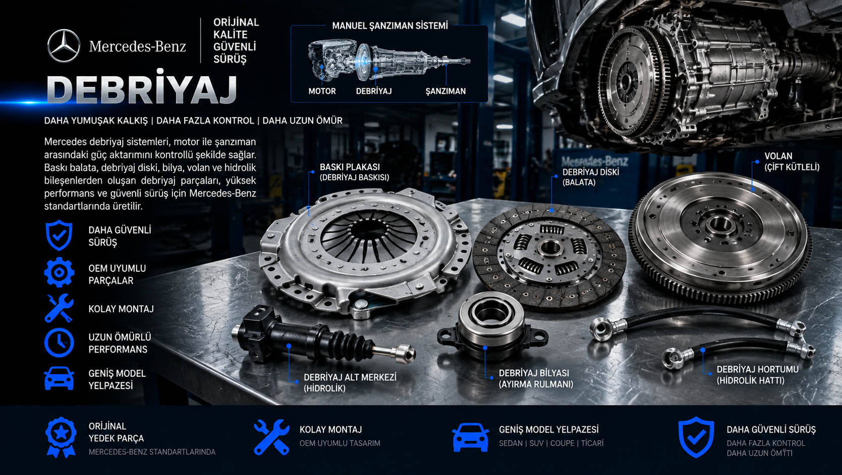 Mercedes Debriyaj Mercedes debriyaj, baskı balata, clutch kit, debriyaj bilyası ve volan parçaları