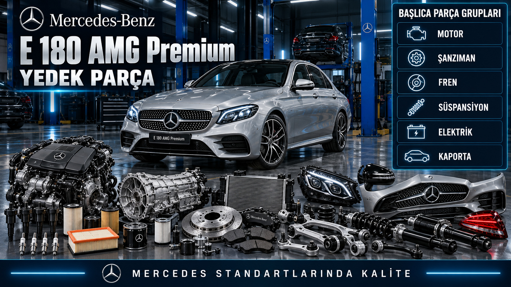 Mercedes E 180 AMG Premium motor, fren, süspansiyon ve AMG gövde yedek parçaları