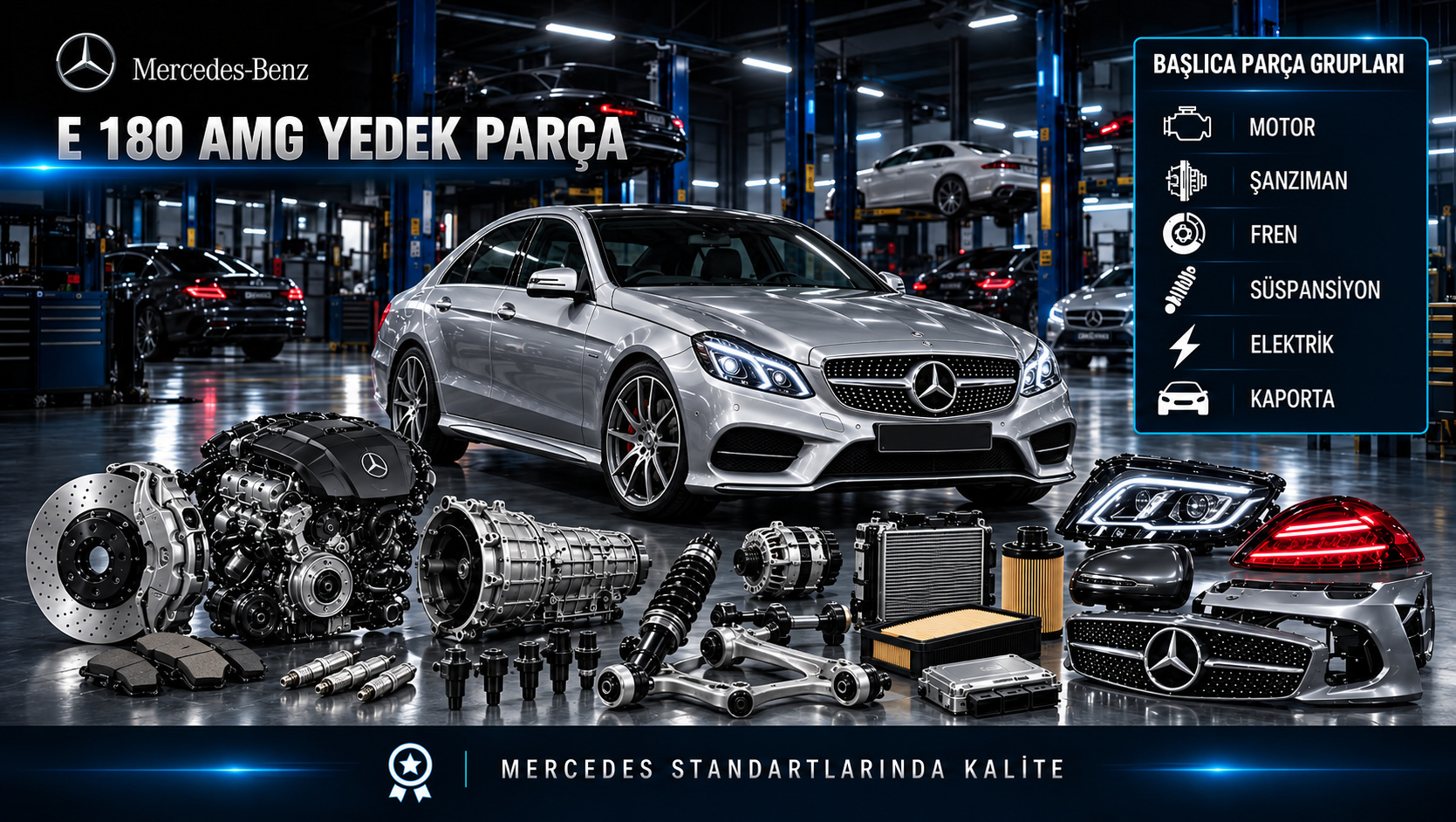 Mercedes-Benz E 180 AMG için motor, ateşleme, bakım, fren, süspansiyon ve AMG gövde parçalarını gösteren kategori görseli