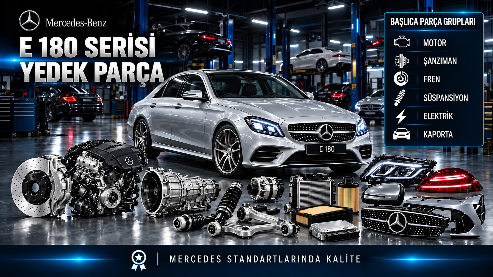 Mercedes E 180 için kategoriye uygun tahrik, bakım, fren, süspansiyon ve gövde parçaları